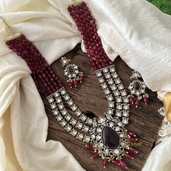 Royal 5 Layer Victorian Diamond Necklace-Maroon Beads-VV1559