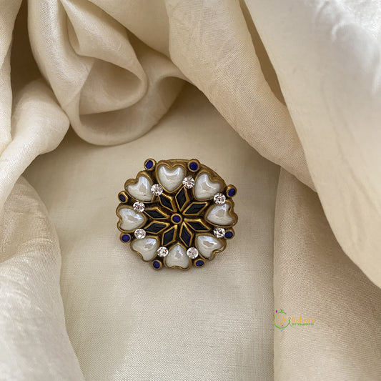 Pearl White, Blue Kundan Pendant Ring- Heart Shape Flower-H757