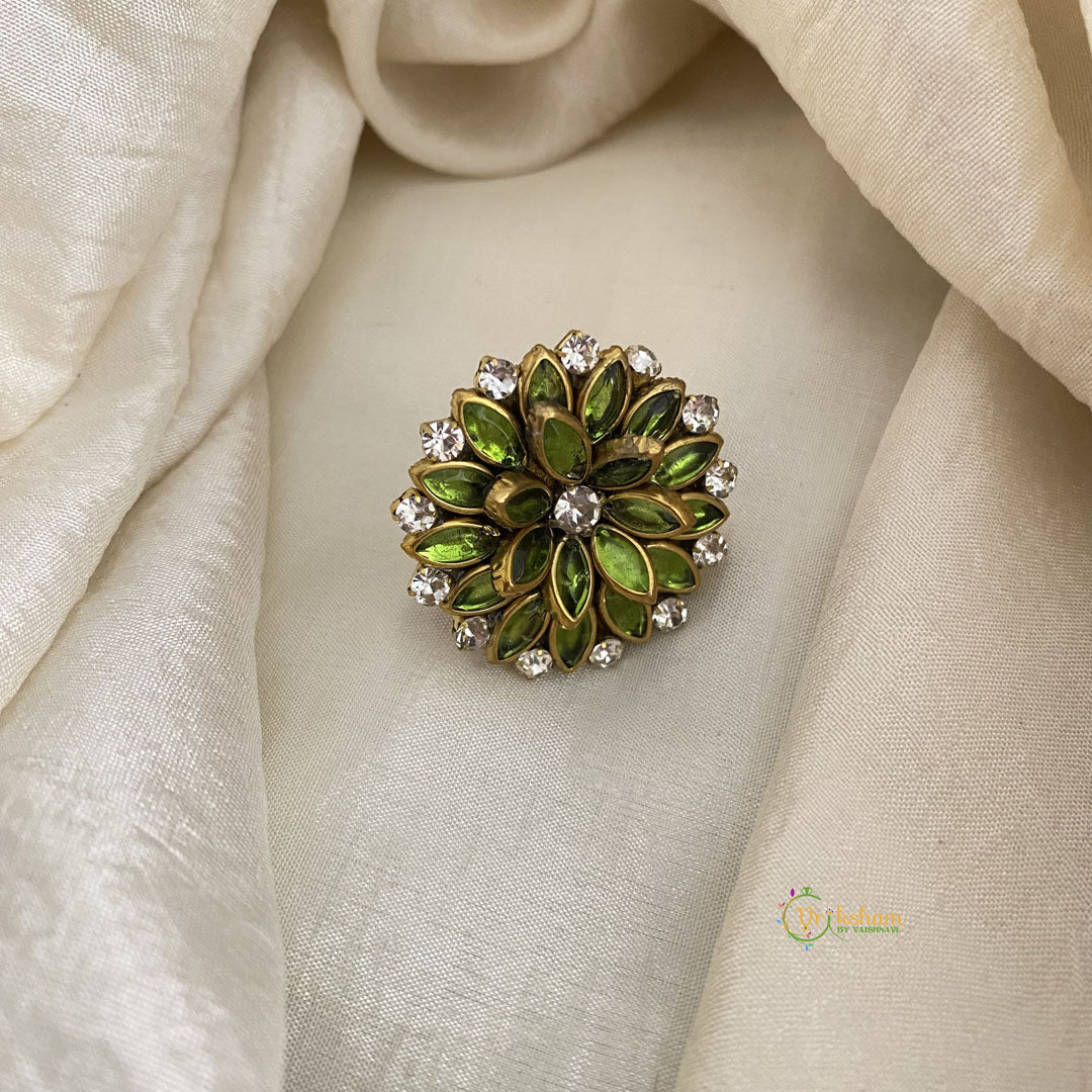 Parrot Green Kundan Pendant Ring-Flower-H754