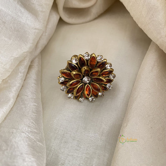 Orange Kundan Pendant Ring-Flower-H756