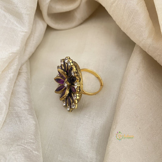 Purple Kundan Pendant Ring-Flower-H755