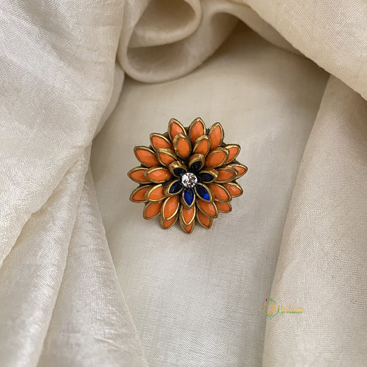Orange, Blue Kundan Pendant Ring-Flower-H741
