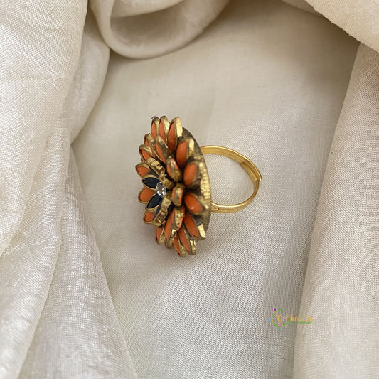 Orange, Blue Kundan Pendant Ring-Flower-H741
