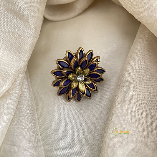 Purple, Yellow Kundan Pendant Ring-Flower-H743