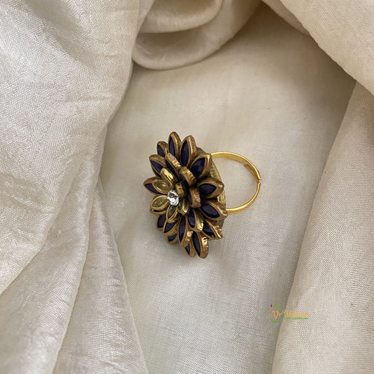 Purple, Yellow Kundan Pendant Ring-Flower-H743