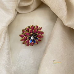 Pink, Blue Kundan Pendant Ring-Flower-H744