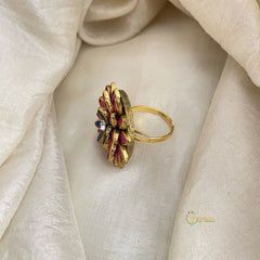 Pink, Blue Kundan Pendant Ring-Flower-H744