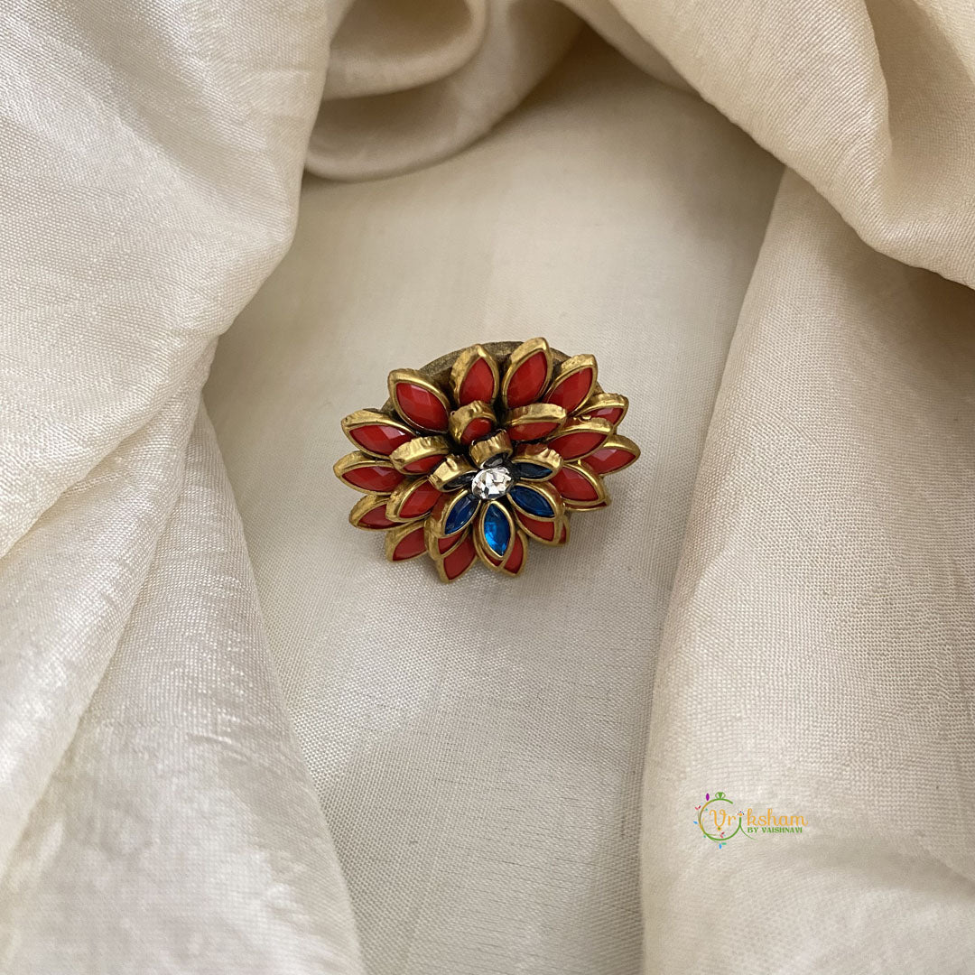 Red, Blue Kundan Pendant Ring-Flower-H742