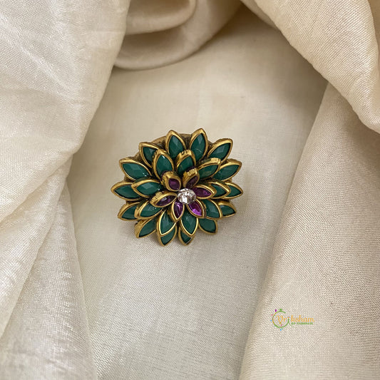 Green Purple Kundan Pendant Ring-Flower-H745