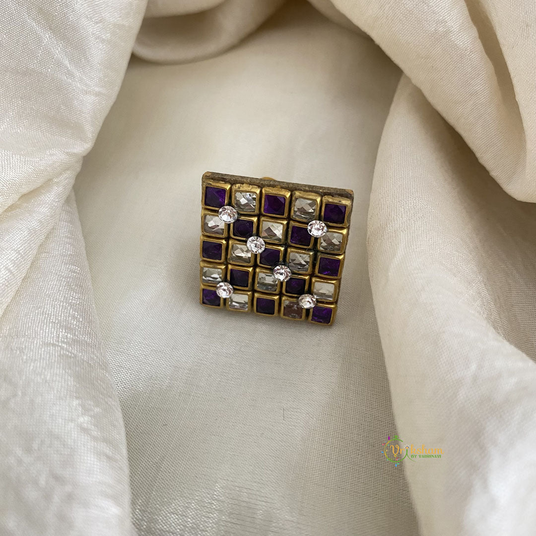 Purple White Square Kundan Pendant Ring-Diamond-H764