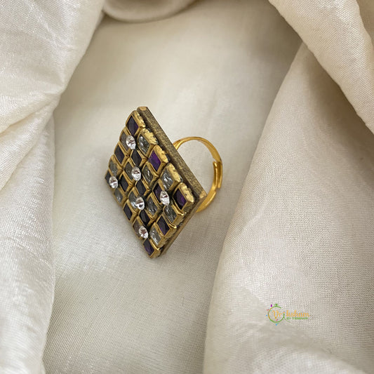 Purple White Square Kundan Pendant Ring-Diamond-H764