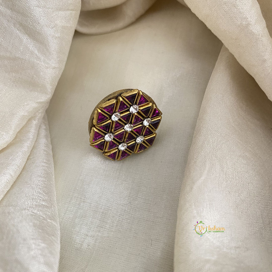 Hot Pink Triangle Kundan Pendant Ring-Hexagon-H761