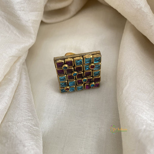 Pink Blue Square Kundan Pendant Ring-Diamond-H765