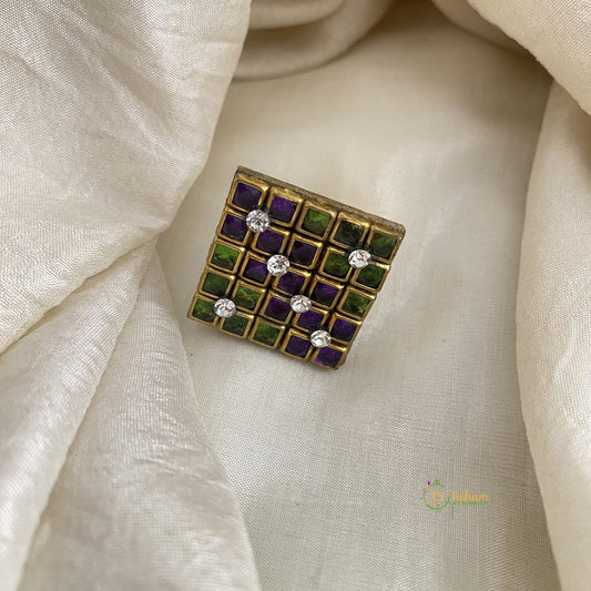 Purple Green Square Kundan Pendant Ring-Diamond-H762