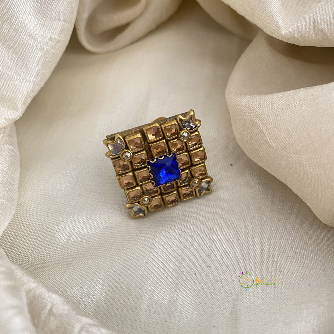 Golden, Blue Square Kundan Pendant Ring-Diamond-H768