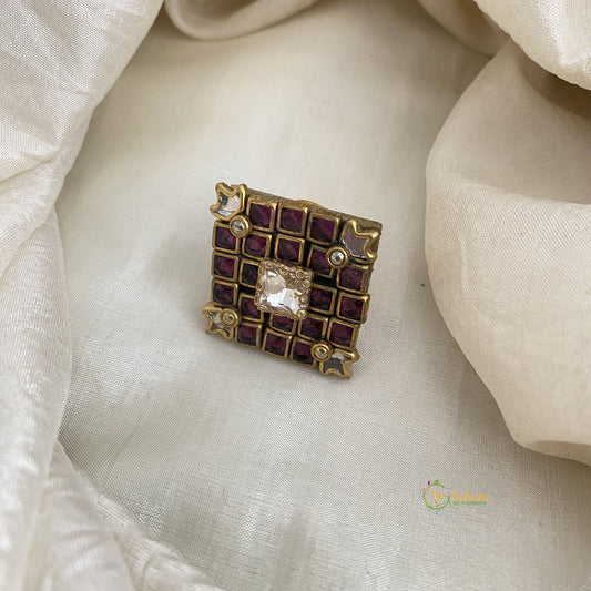Purple, White Square Kundan Pendant Ring-Diamond-H767