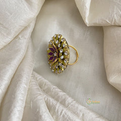 Matt Yellow & Purple Kundan Pendant Ring-Flower-H748