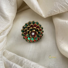 Red Green Kundan Pendant Ring-Flower-H751