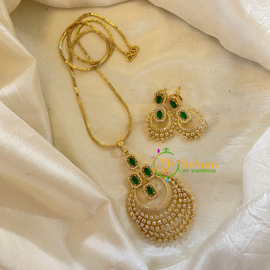 Glossy Green Gold Look Alike AD Stone Pendant Chain-Chandbali-G8288