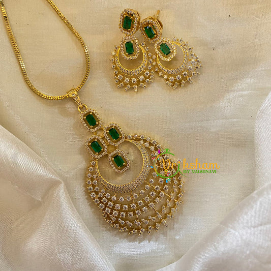 Glossy Green Gold Look Alike AD Stone Pendant Chain-Chandbali-G8288