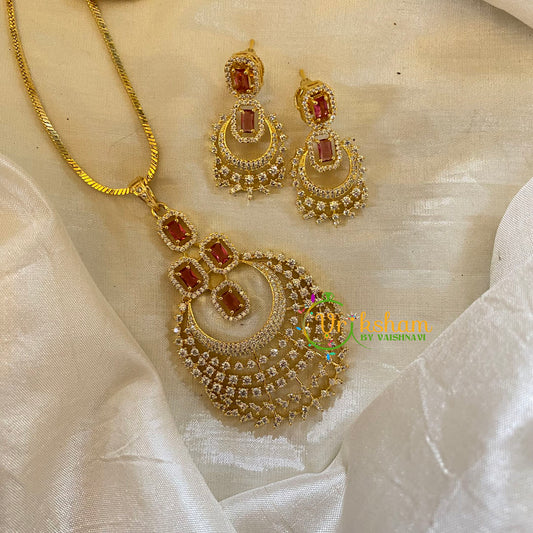 Wine Red Gold Look Alike AD Stone Pendant Chain-Chandbali-G8283