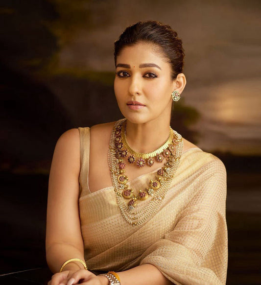 Nayanthara Inspired Golden Organza Saree-Handloom-VS4074