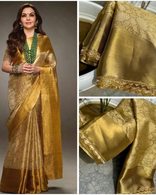 Nita Ambani Golden Banarasi Saree Plain Border-Handloom-VS4077