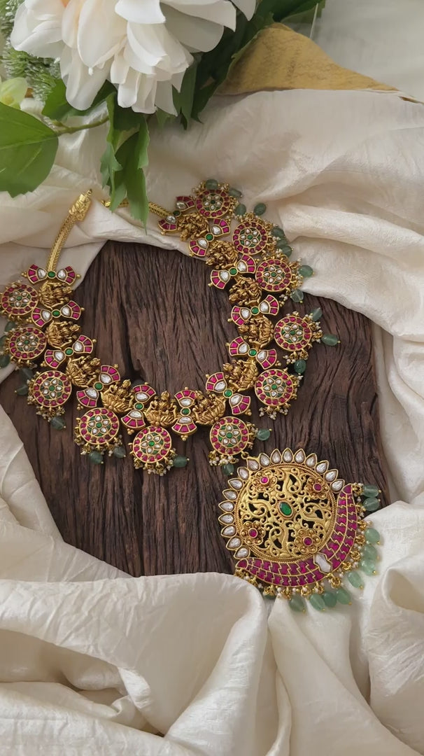 Antique Jadau Kundan Pendant Lakshmi Haram -Beads- J2074