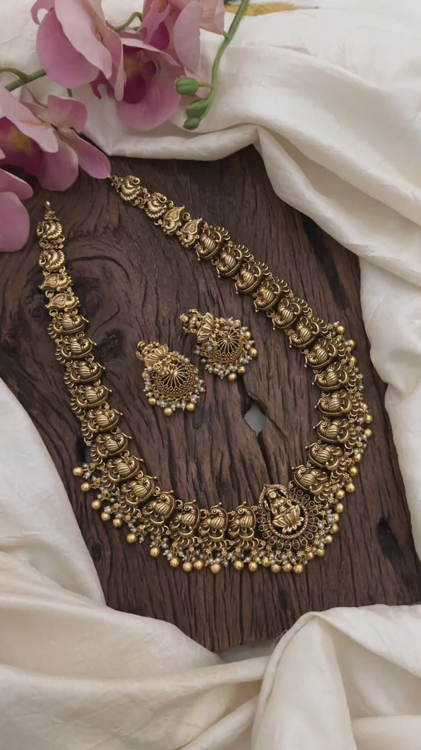 Gold Look Alike Lakshmi Long Neckpiece-Golden Beads-Pearls-G12670