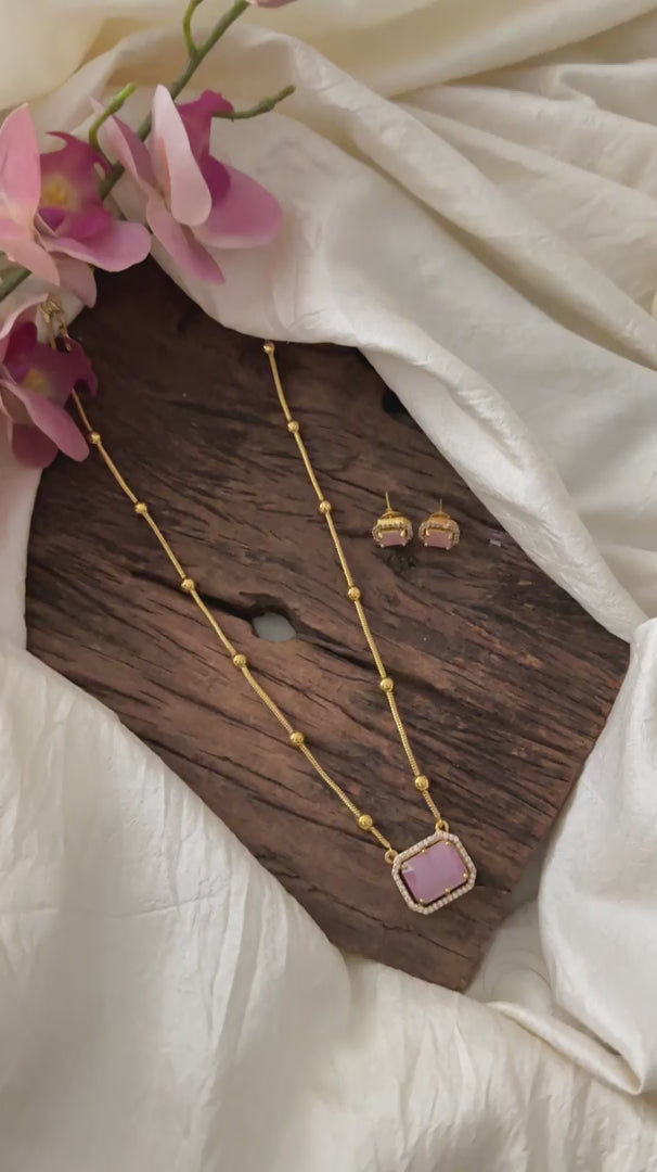 Simple Pastel Pink AD Stone Pendant Chain -Square-G12585