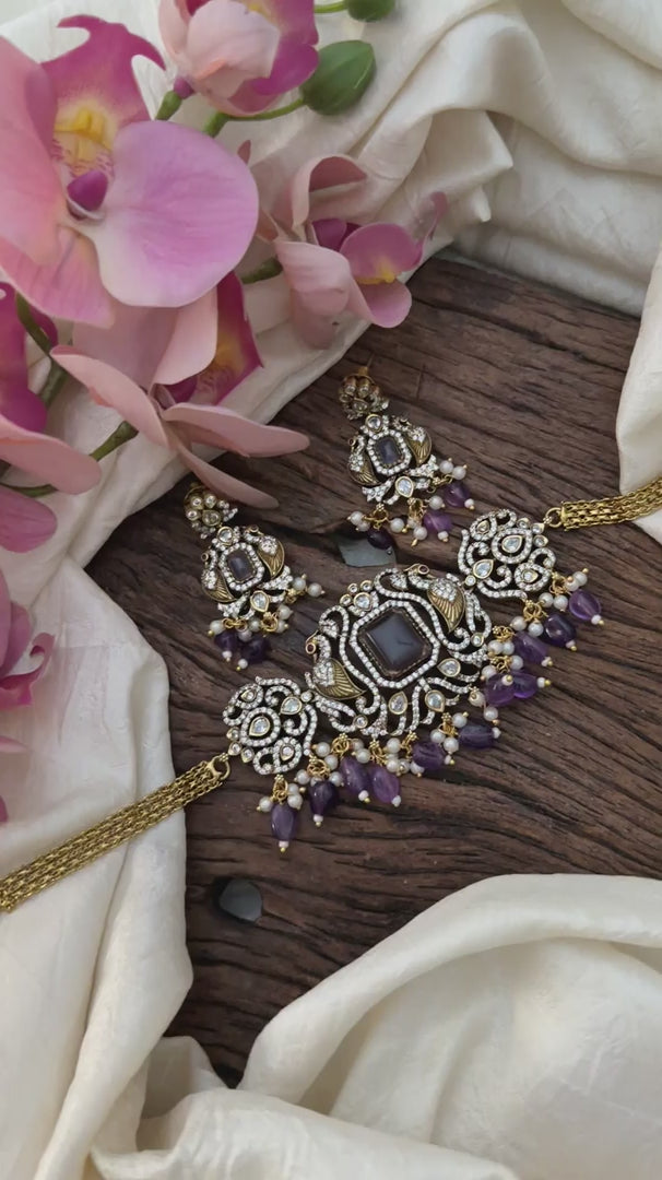 Elegant Victorian Diamond Dual Peacock Addigai-Purple Beads-VV1608