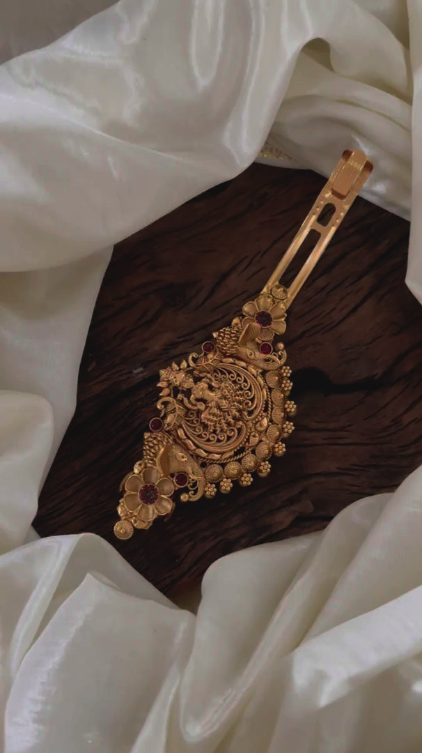 Gold Look Alike Temple Hair clip -Gold Bead-Lakshmi-Red-G11257