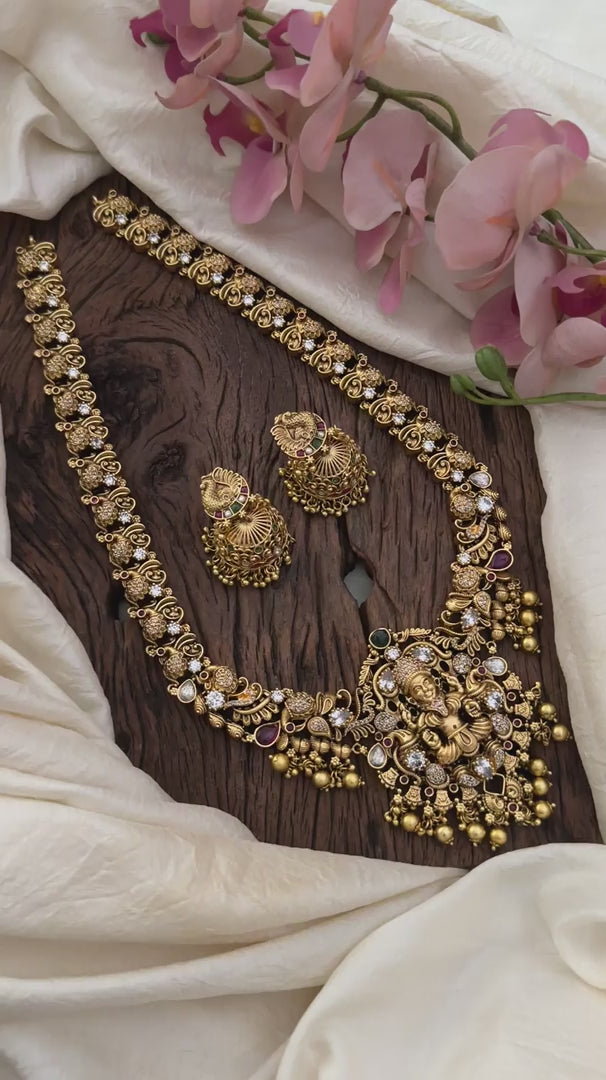 Premium AD Stone Lakshmi Neckpiece-Golden Beads-Pearls-G12677