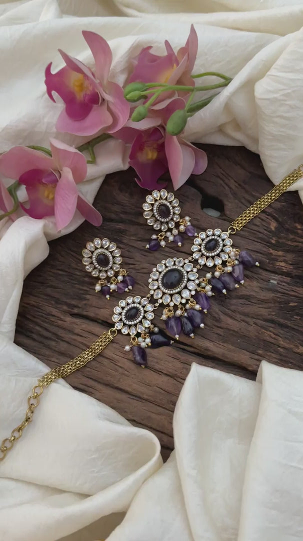 Purple Victorian Diamond Floral Choker- Beads-VV1619