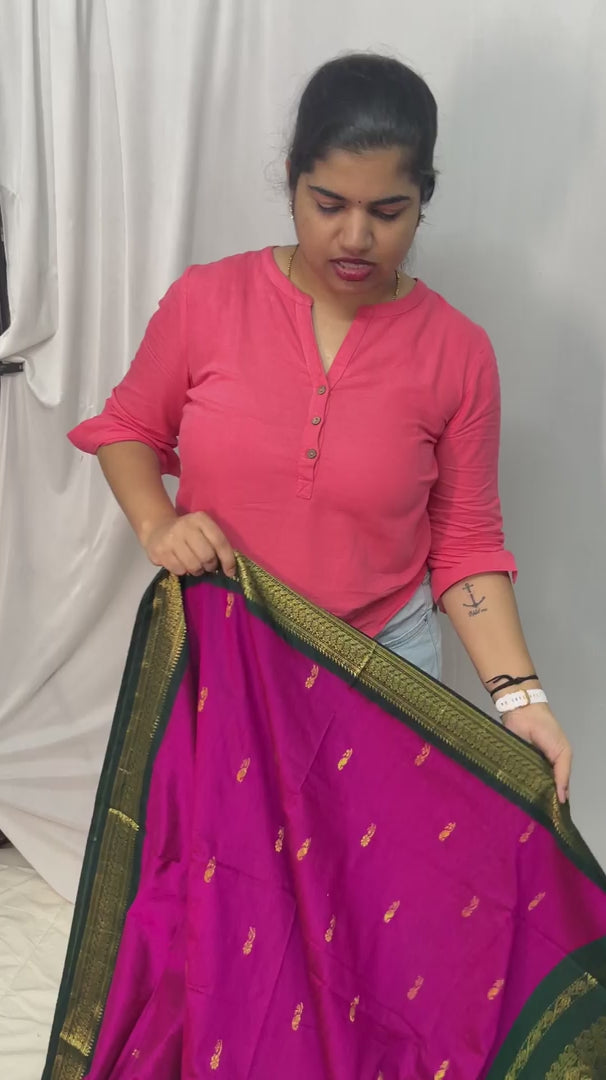 Magenta With Dark Green Border -Kalyani Cotton Saree - VS3729