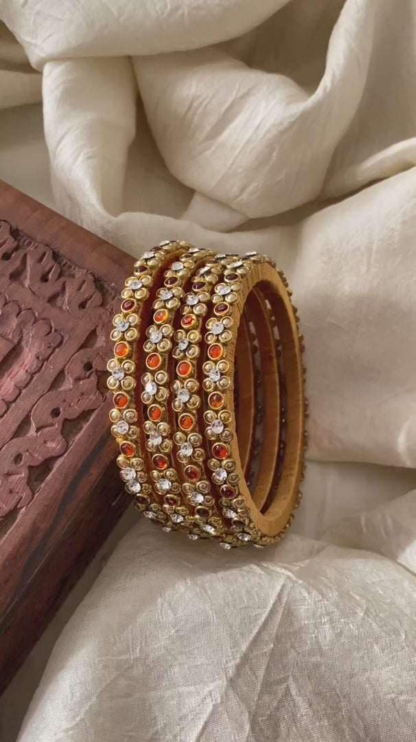 2 Line Orange Stone Silk Thread Kundan Bangle -G12269