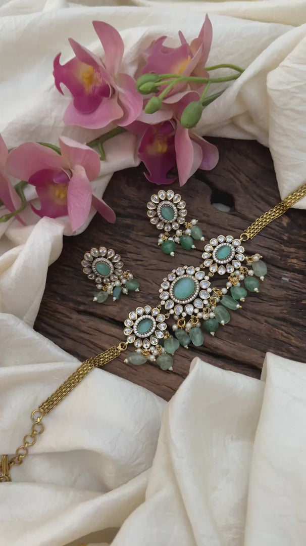 Pastel Green Victorian Diamond Floral Choker- Beads-VV1617