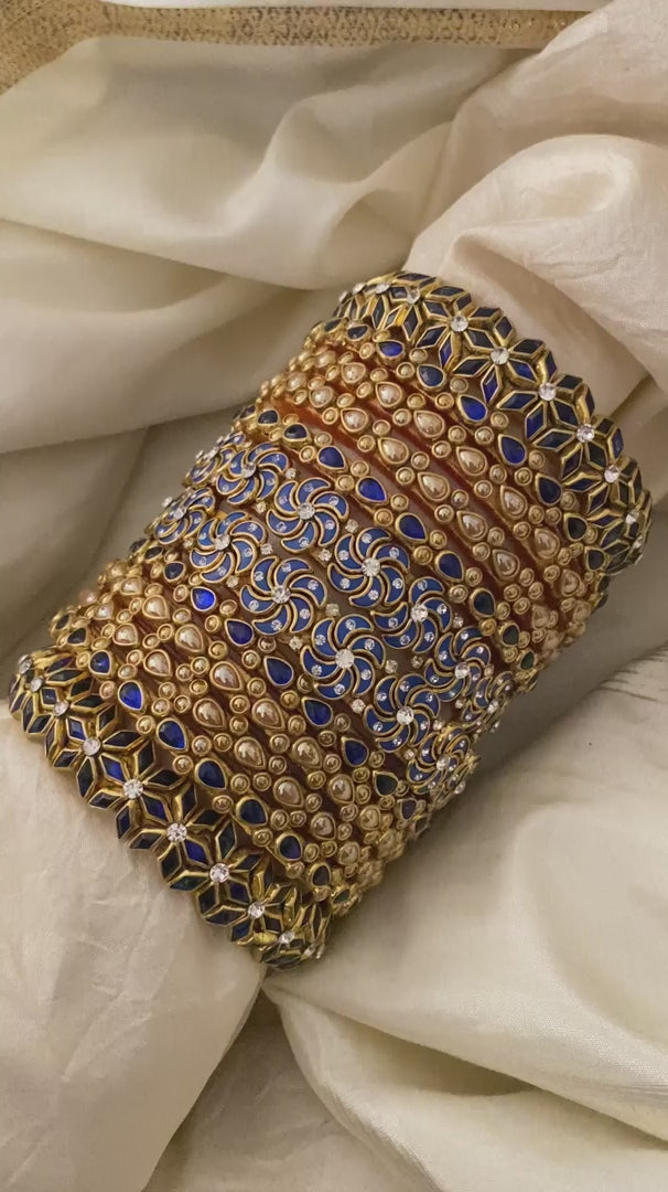 Silk Thread Kundan Bridal Bangle- Blue Golden-G12330