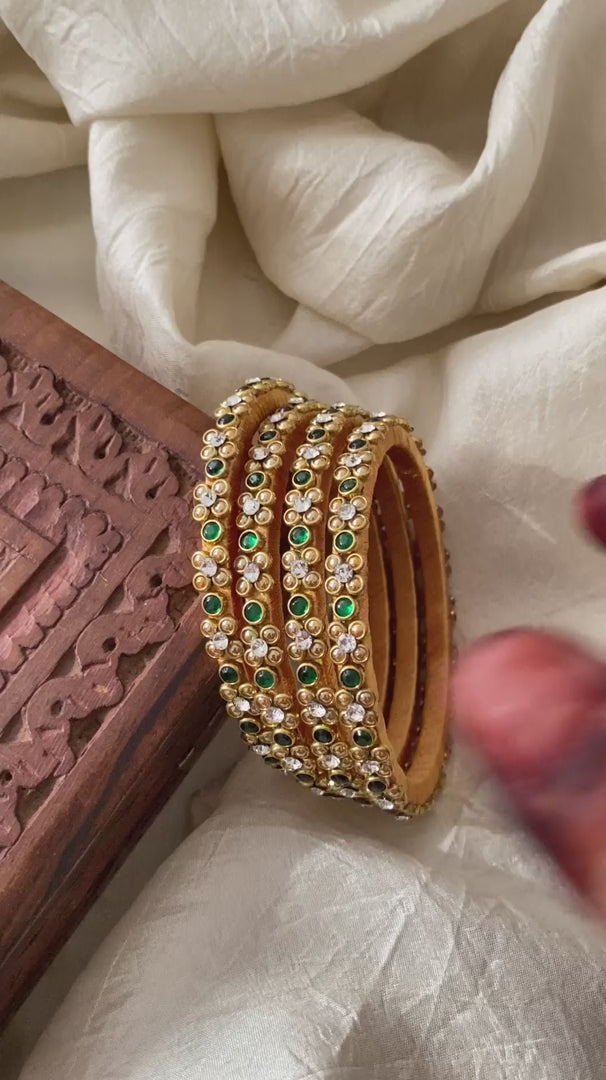 2 Line Dark Green Stone Silk Thread Kundan Bangle -G12270