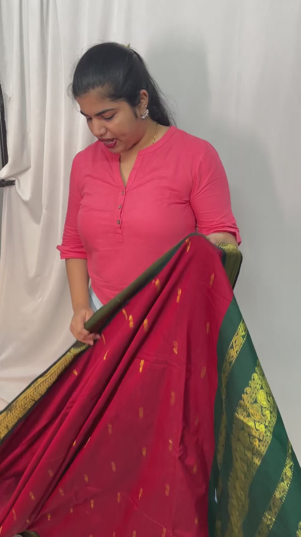 Red With Dark Green Border -Kalyani Cotton Saree - VS3730