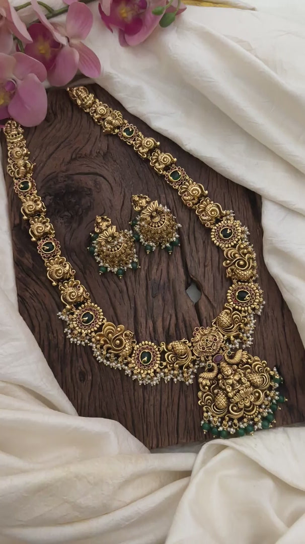 Antique Lakshmi Long Neckpiece-Green Beads-Pearls-G12662