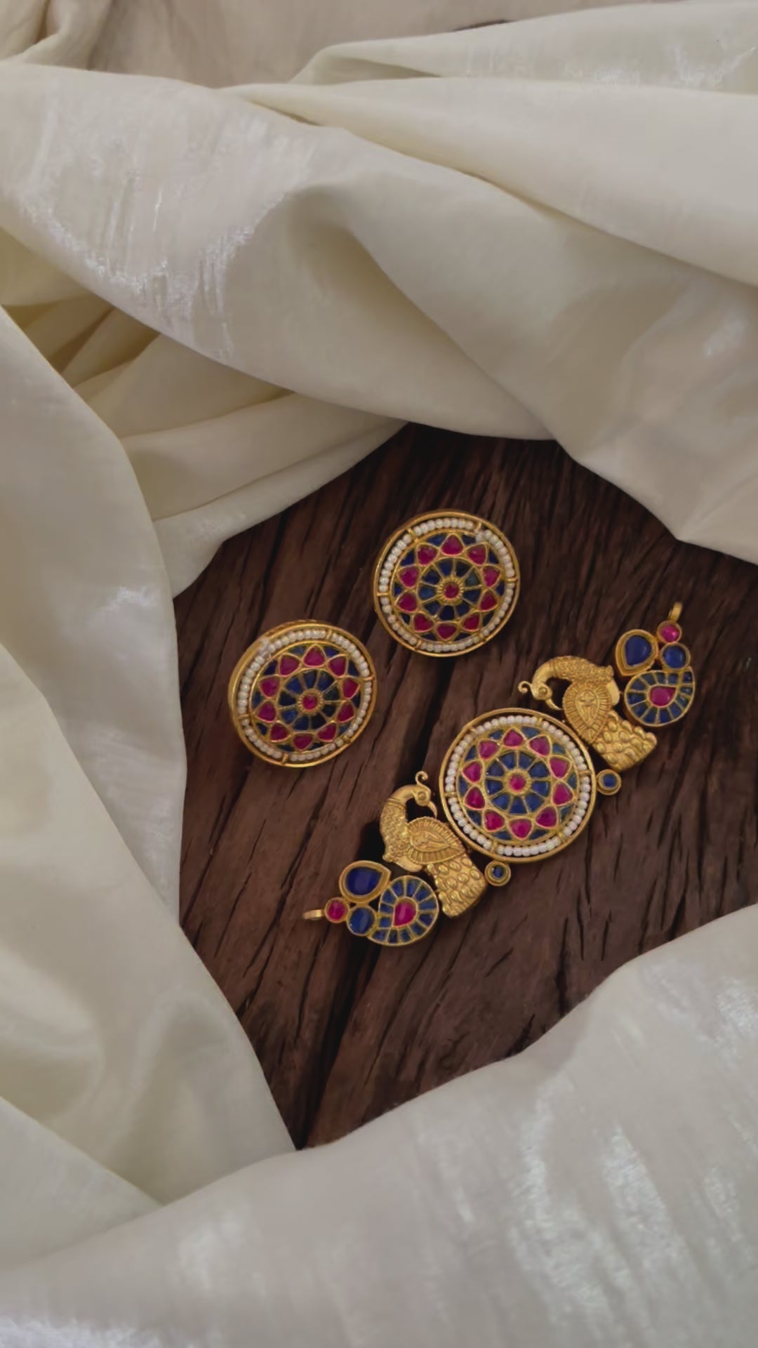 Gold Look Alike Jadau Kundan High Neck Choker -Blue Red-J1833