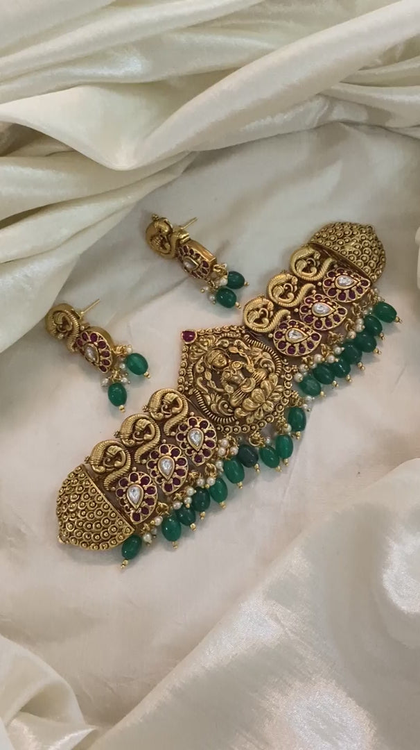 Premium Lakshmi High Neck Choker -Green bead -G1571