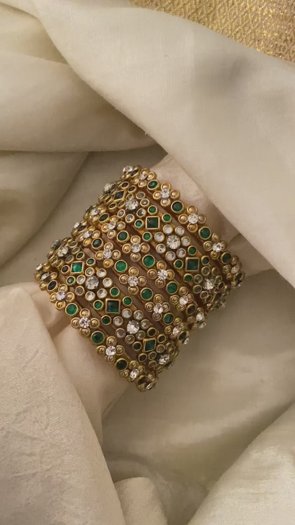 Kids Silk Thread Kundan Bangle Set-Green White-G12337