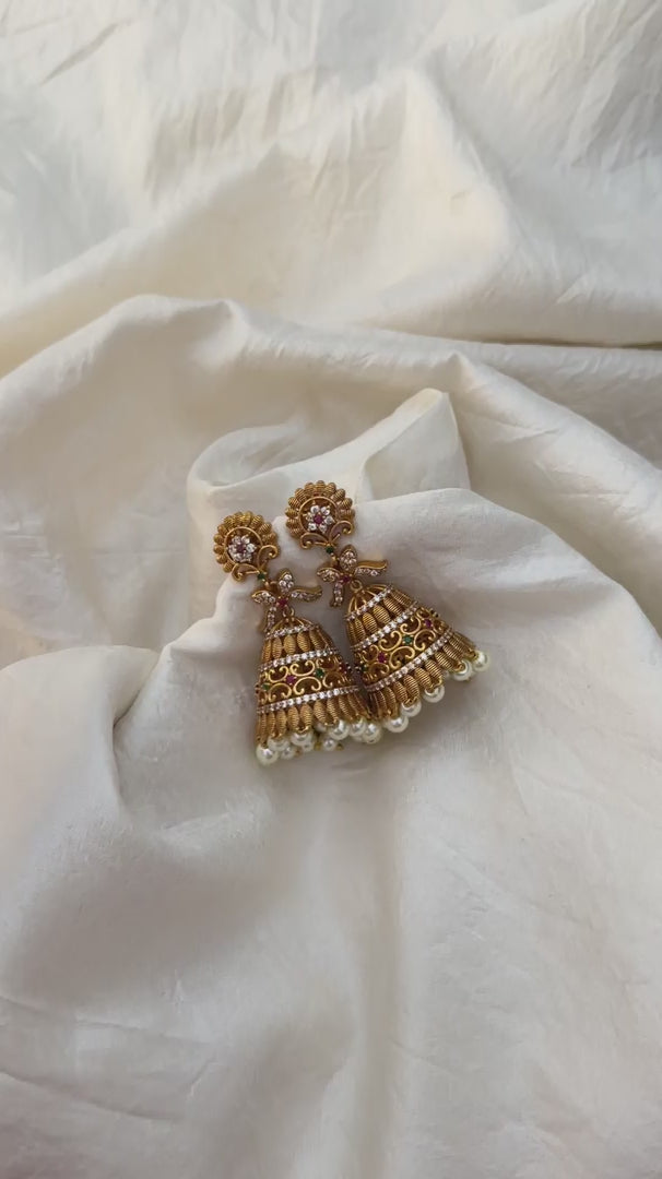 Premium Gold Alike AD Stone Jhumkas-Pearl-G12575