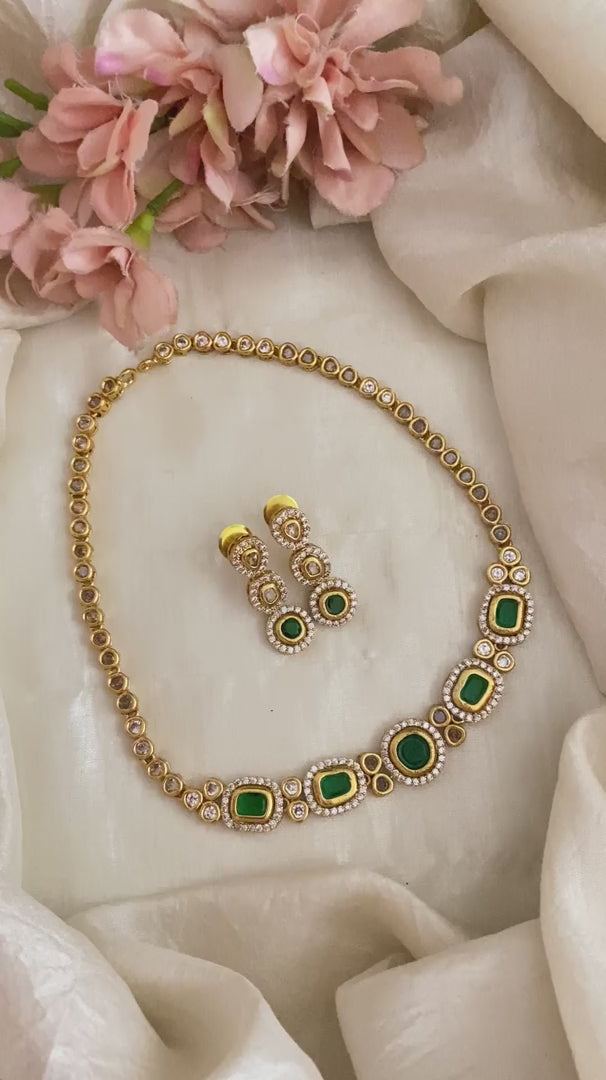 Stylish AD Stone Short Neckpiece -Green-G12159