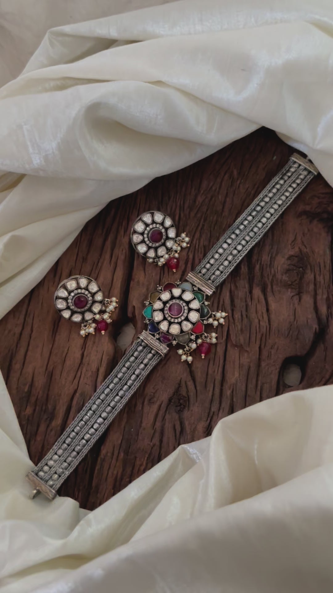 Silver Look Alike Jadau Kundan High Neck Choker -Navrathna-J1830