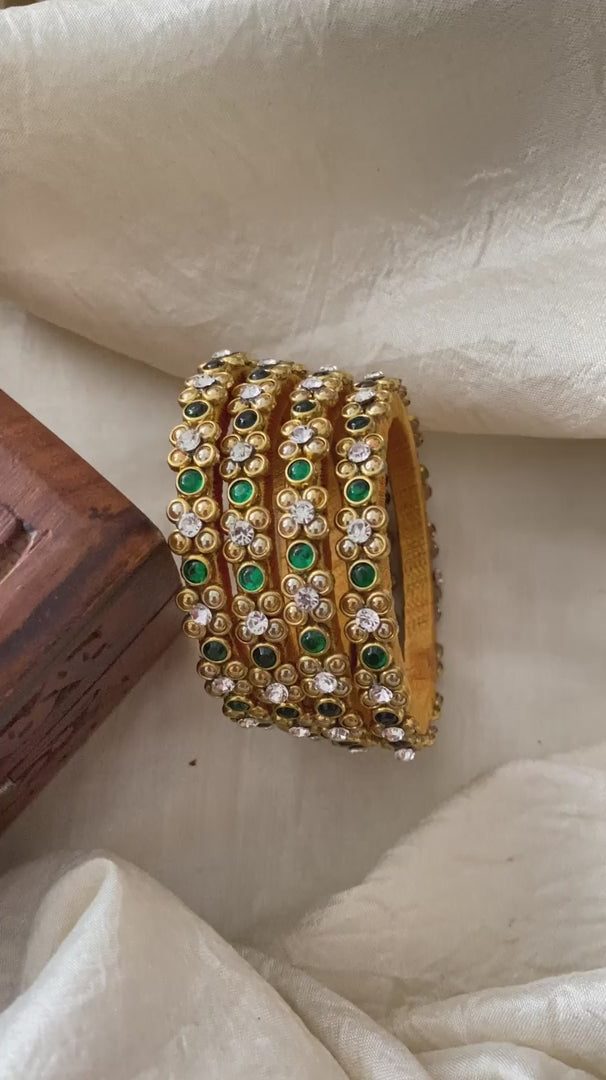 2 Line Kids Silk Thread Kundan Bangle-Green-G12295