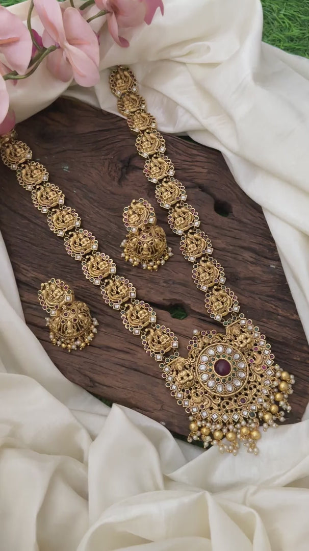 Precious Kemp Stone Mayil Lakshmi Necklace-Golden Beads-Pearls-G12702