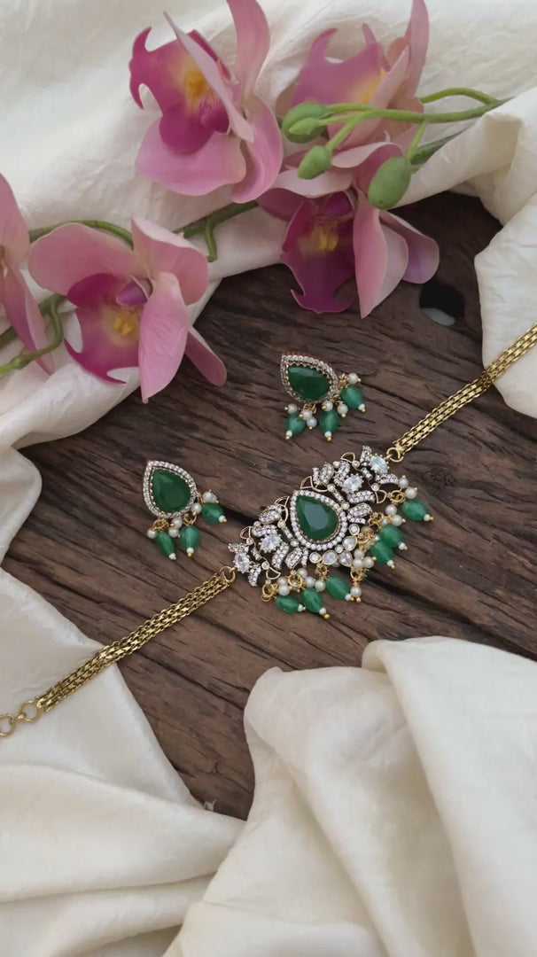 Simple Victorian Diamond Choker- Green Beads-Tilak-VV1632